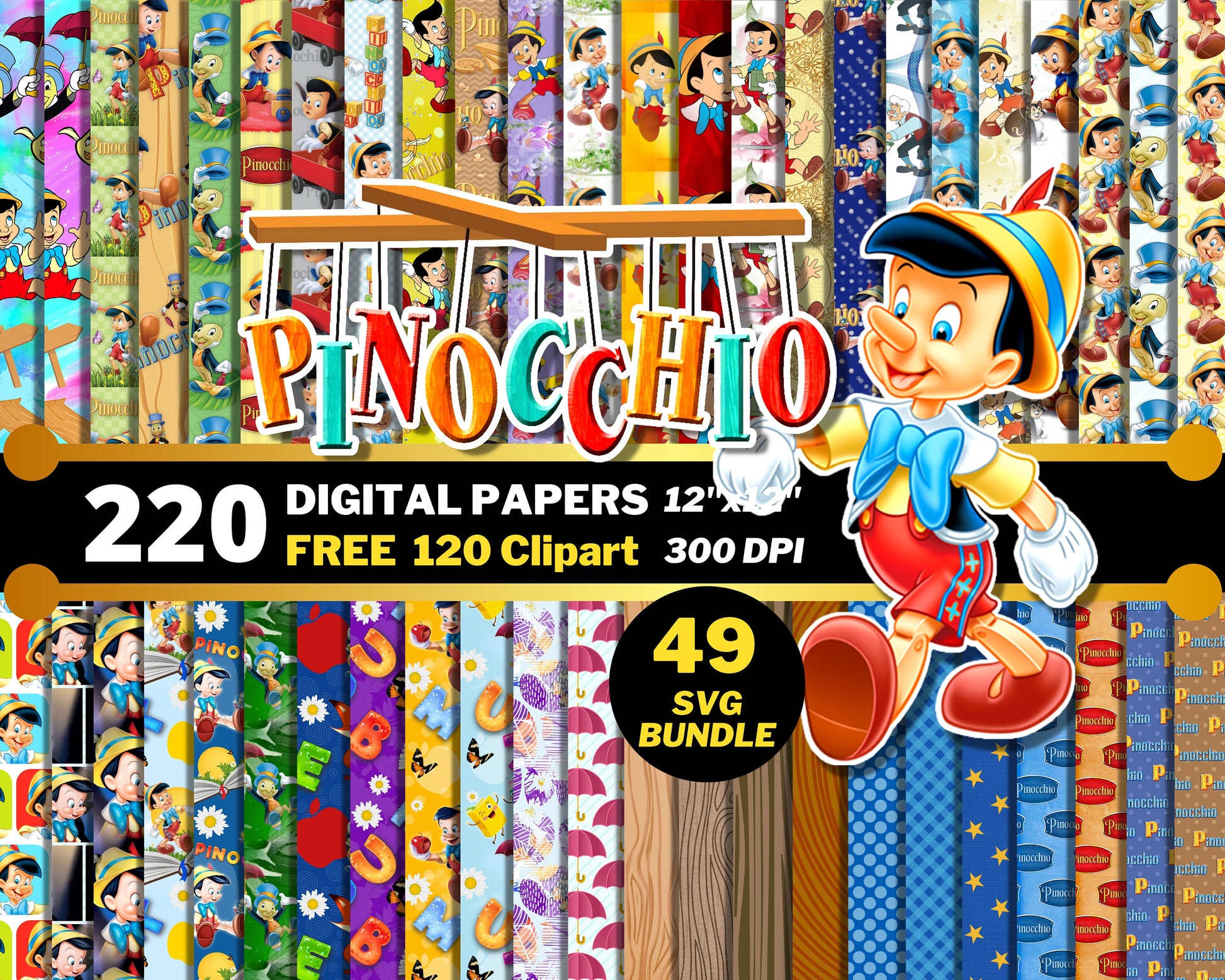 Pinocchio Digital Papers PNG bundle