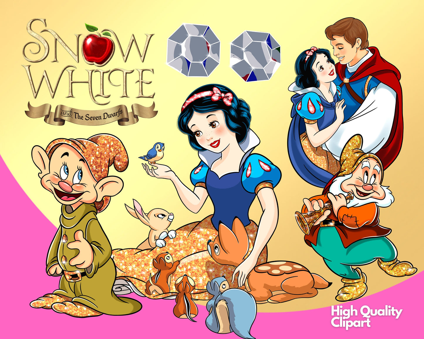 Snow White Watercolor Clipart PNG bundle