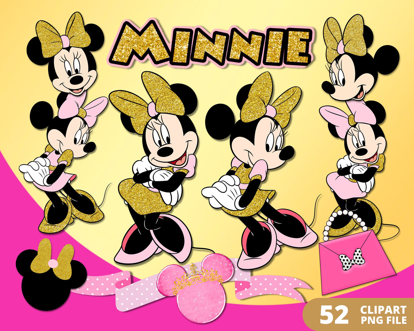 Minnie Mouse Gold Digital Papers PNG bundle