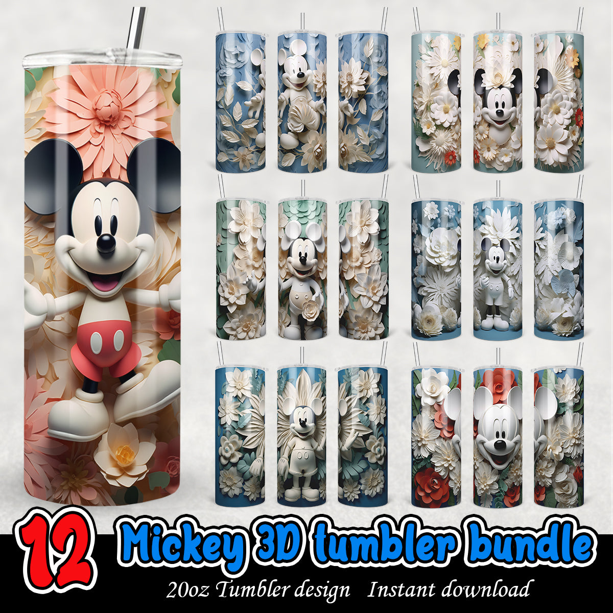 Minnie 3D Tumbler bundle, Disney Floral 3D tumbler png