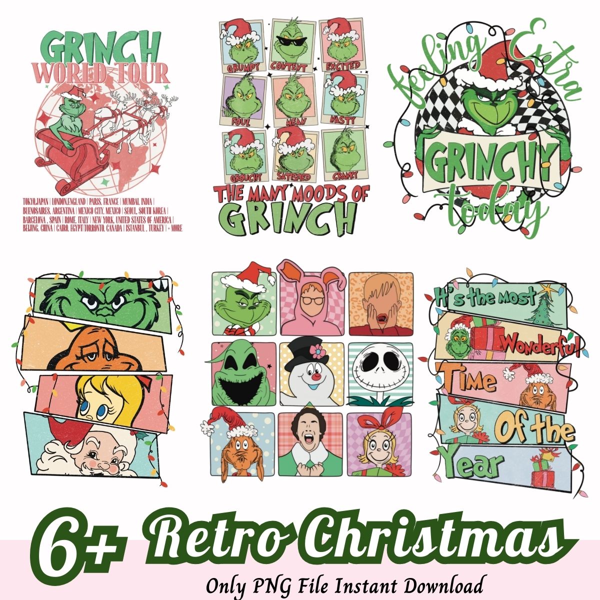 Retro Christmas Grinch characters bundle PNG, Christmas characters bundle