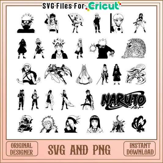 Naruto anime characters black white bundle svg, naruto svg​