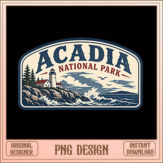 Acadia National Park PNG, Vintage National Park Badge, Lighthouse PNG