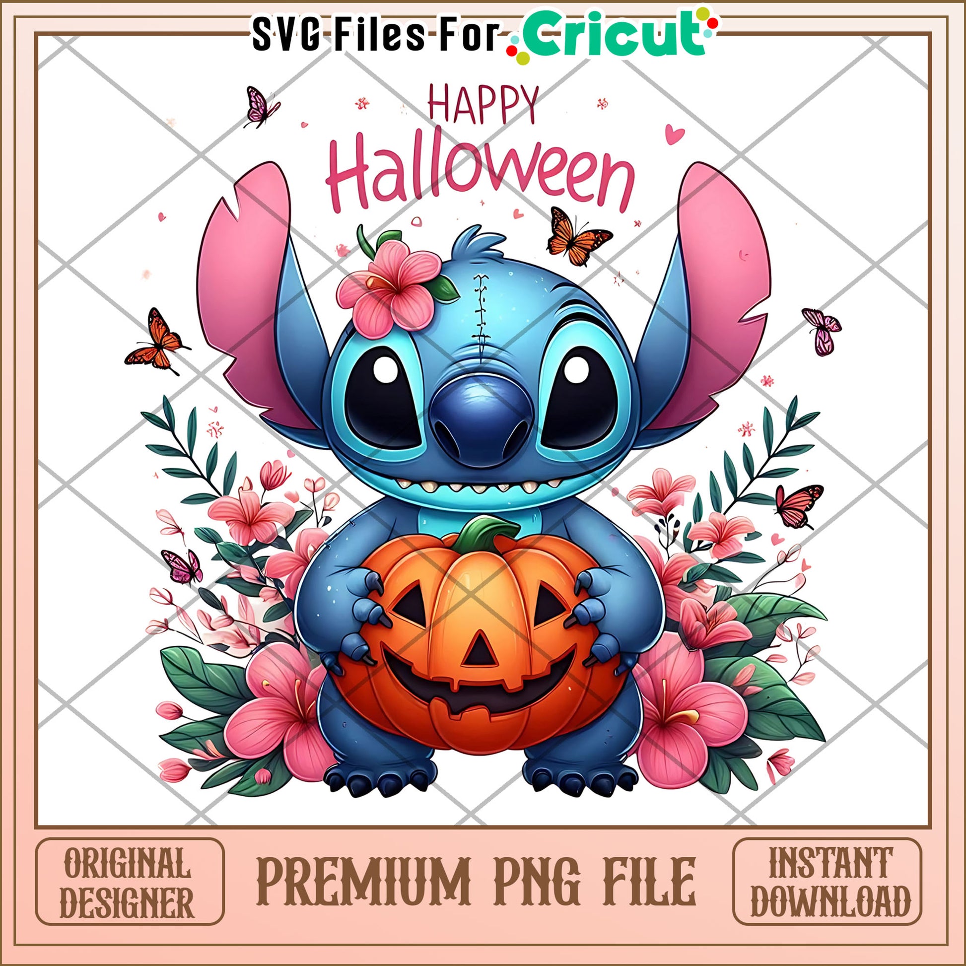 Adorable stitch with pink flowers png, spirit halloween png, funny stitch png