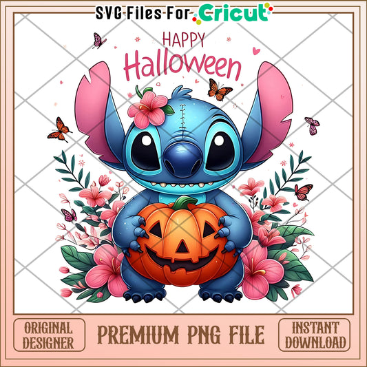 Adorable stitch with pink flowers png, spirit halloween png, funny stitch png