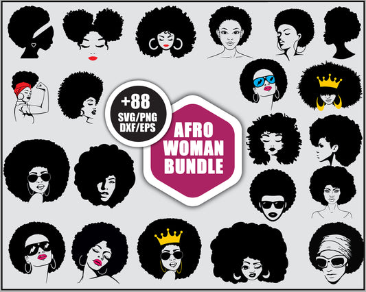 Afro woman black white bundle svg, black afro woman​ svg