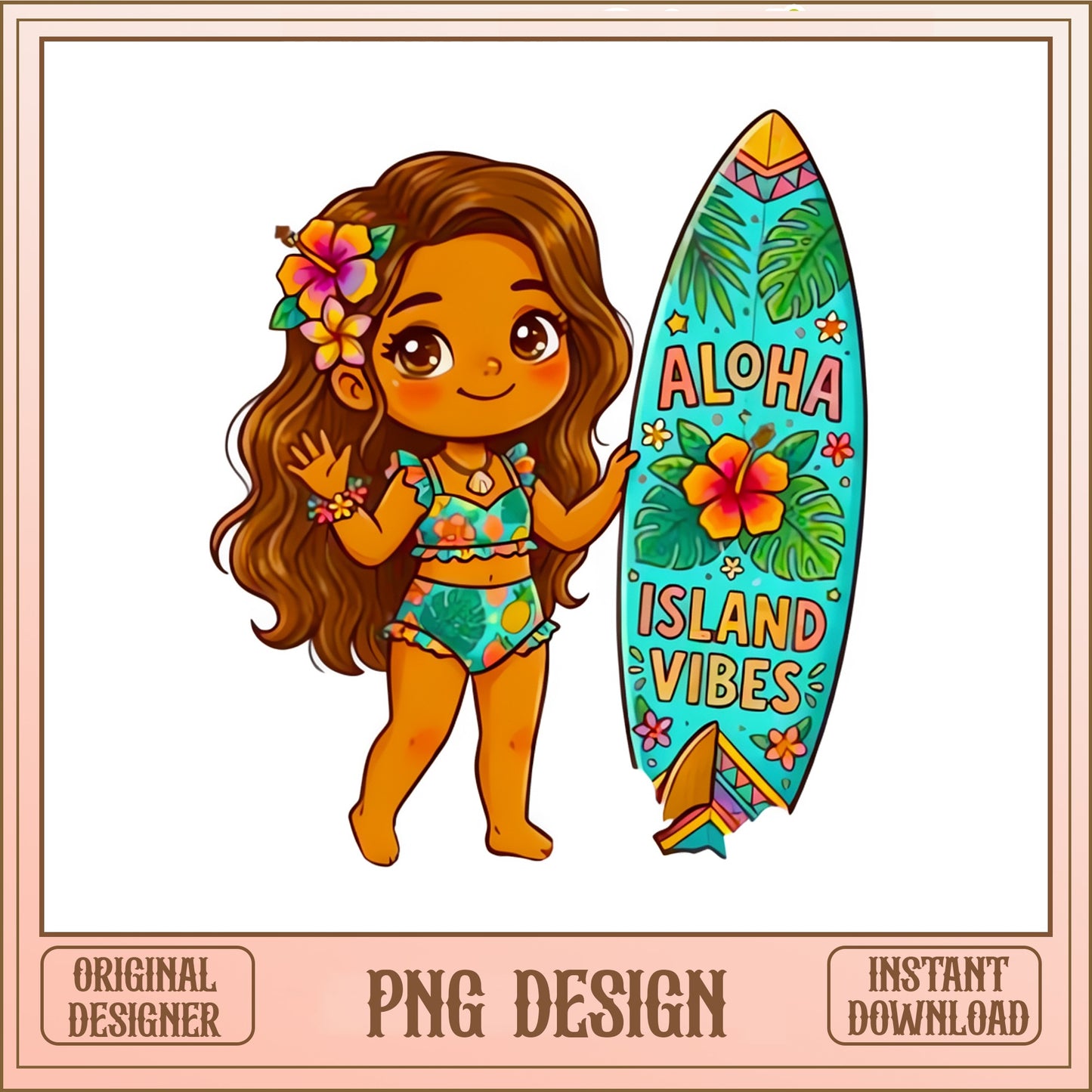 Aloha Island Vibes PNG, Hawaiian Girl Surfboard PNG, Summer PNG