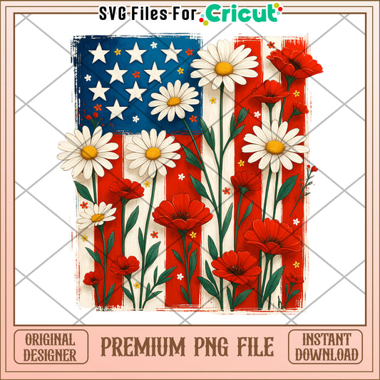 American flag with daisy flowers png, american flag png, daisy flowers png