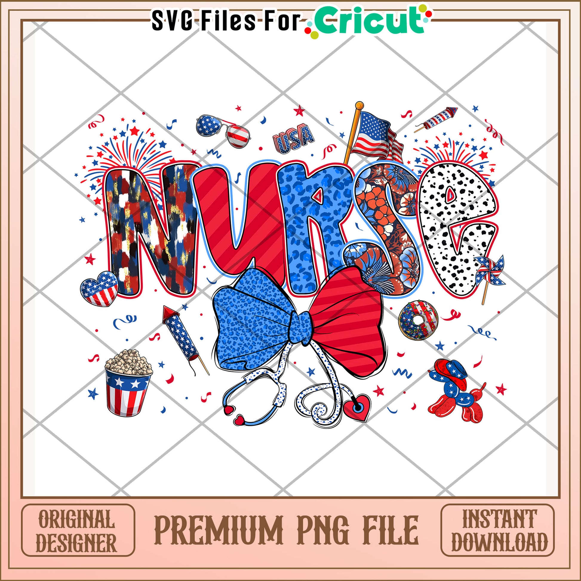 American nurse with bowtie design png, patriotic nurse png, red white and blue png