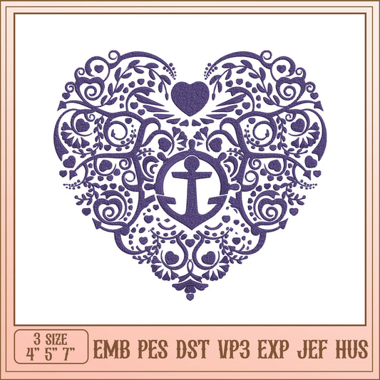 Anchor Heart Embroidery Design