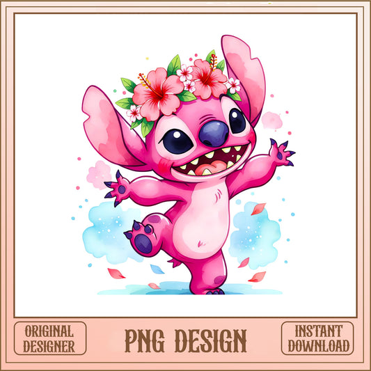 Angel Stitch Floral Dancing PNG, Pink Stitch PNG, Disney PNG
