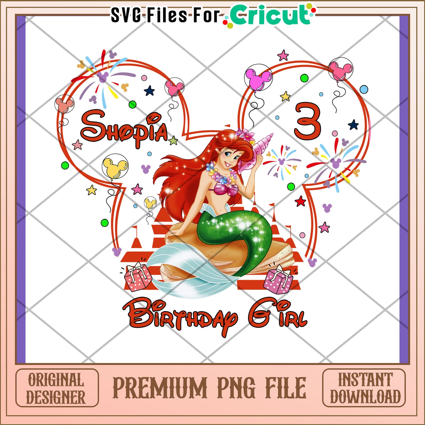 Ariel Disney Birthday PNG Sublimation Design
