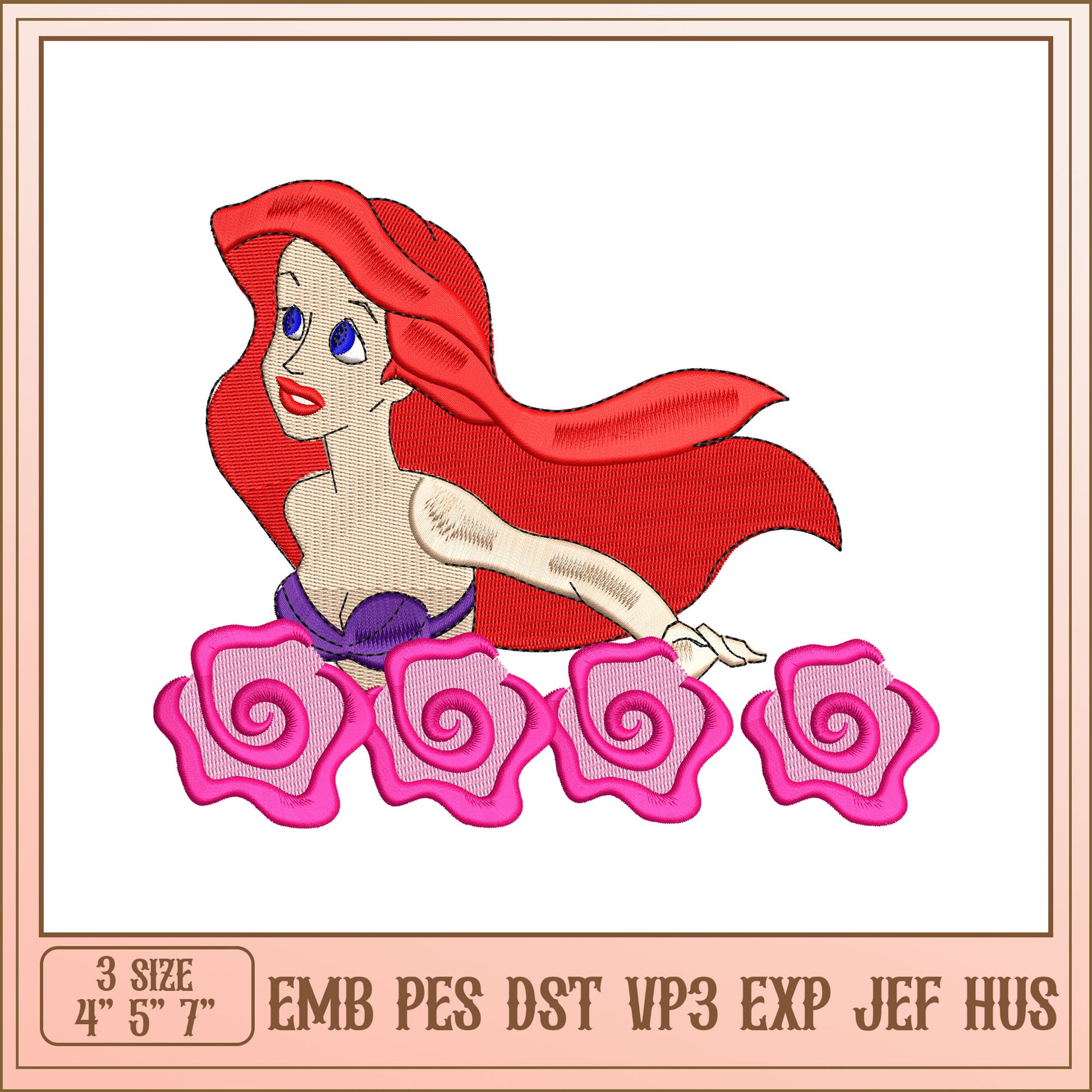 Ariel Mermaid Embroidery Design 3 Sizes
