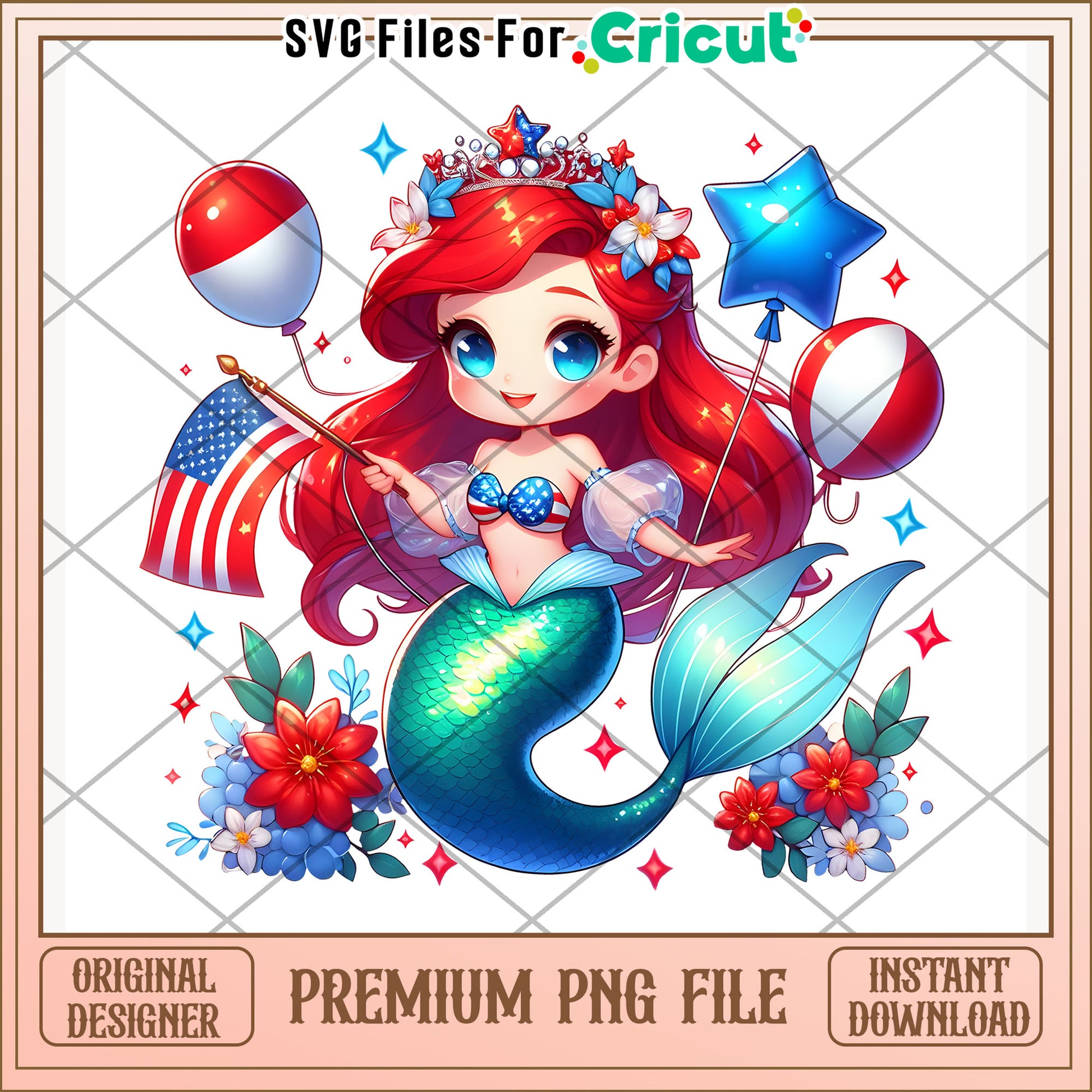 Ariel cute princess png, disney character png, 4th of july png