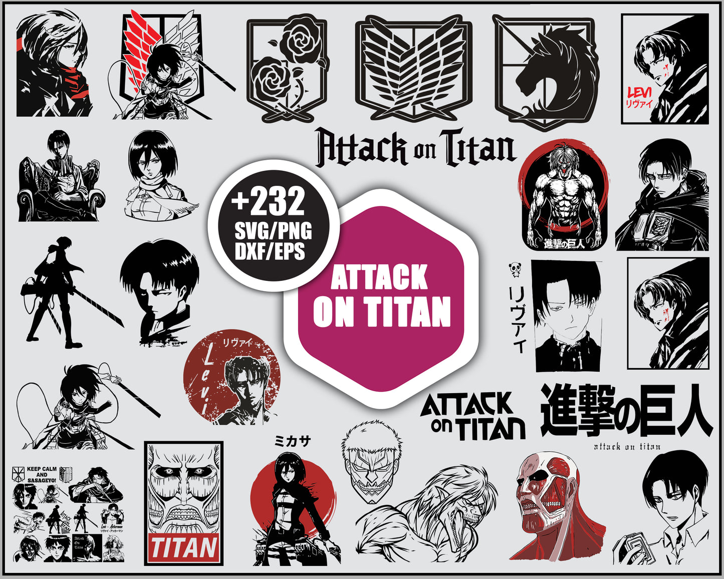 Attack on titan black white bundle svg, attack on titan anime svg