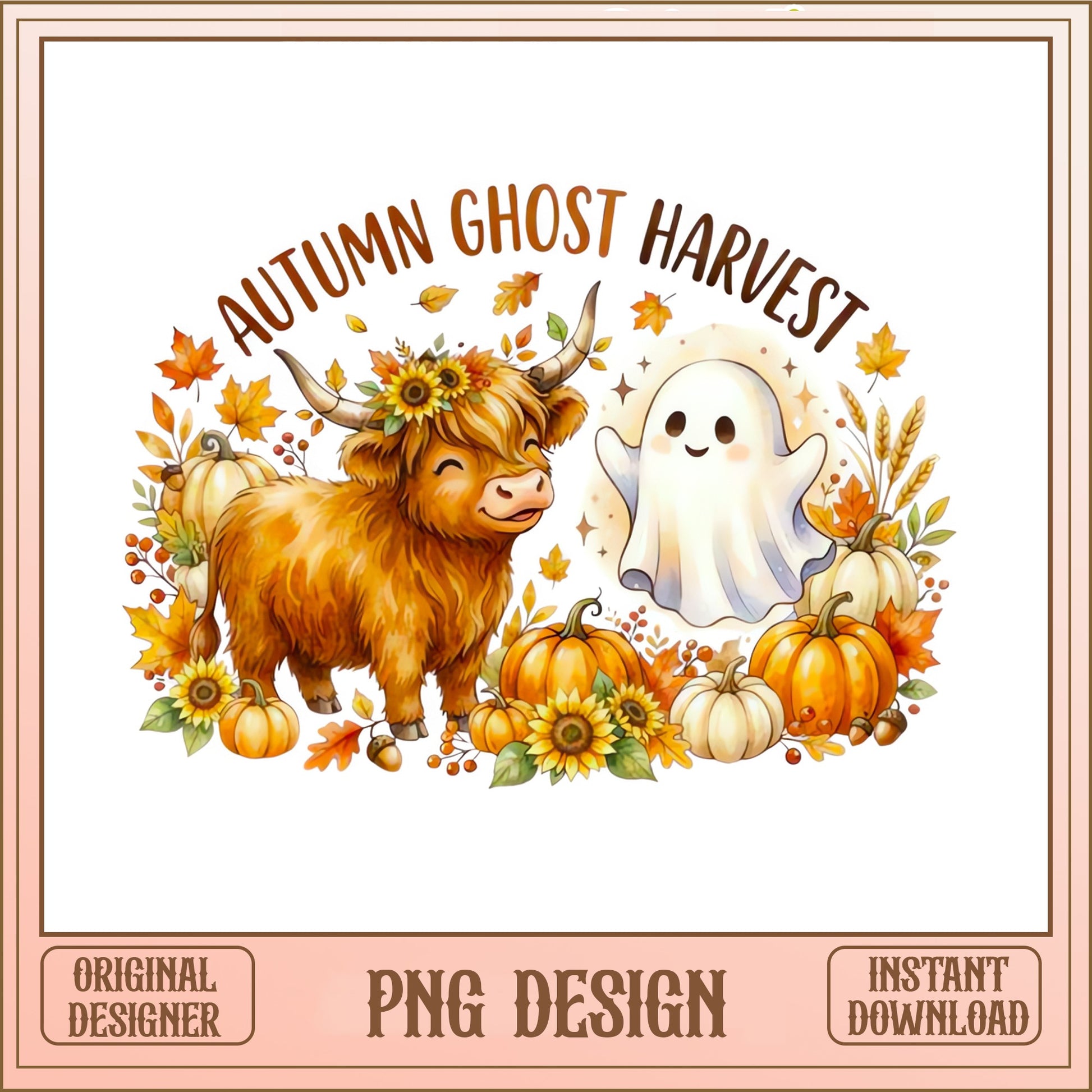 Autumn Ghost Harvest Highland Cow PNG, Fall Pumpkin PNG, Halloween PNG