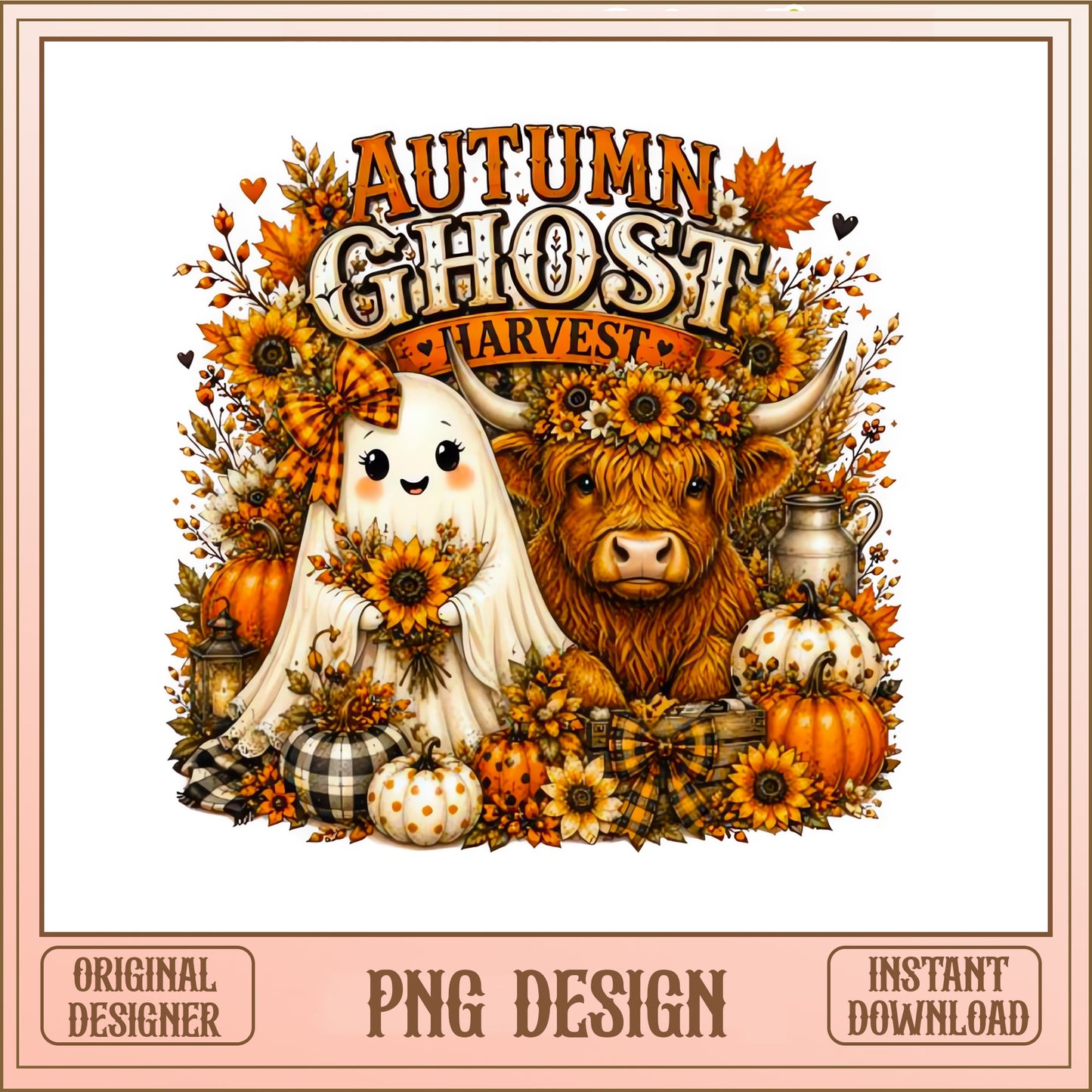 Autumn Ghost Highland Cow PNG, Fall Harvest PNG, Halloween PNG