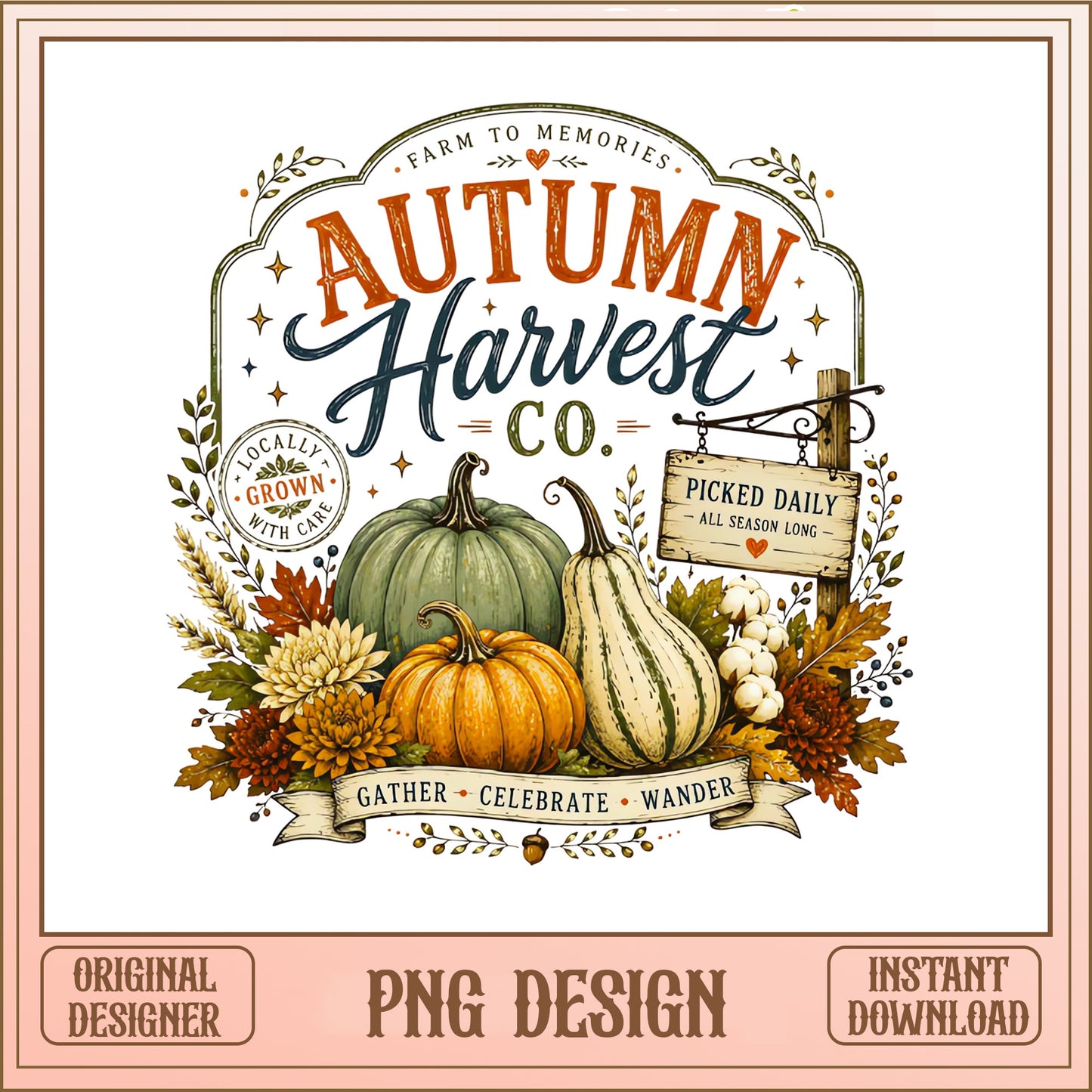 Autumn Harvest Co Pumpkin PNG, Fall Vintage PNG, Thanksgiving PNG