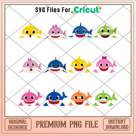 Baby shark cute colorful sharks png bundle