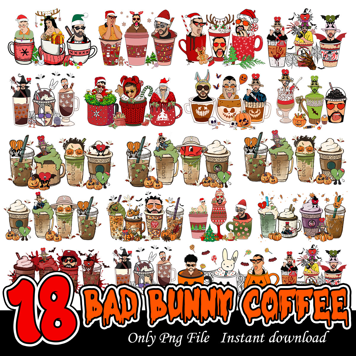 Bad Bunny Coffee Bundle PNG, Bad bunny coffee cups art bundle