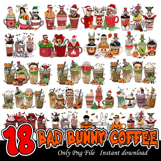 Bad Bunny Coffee Art Bundle PNG, Bad Bunny coffee cups art bundle