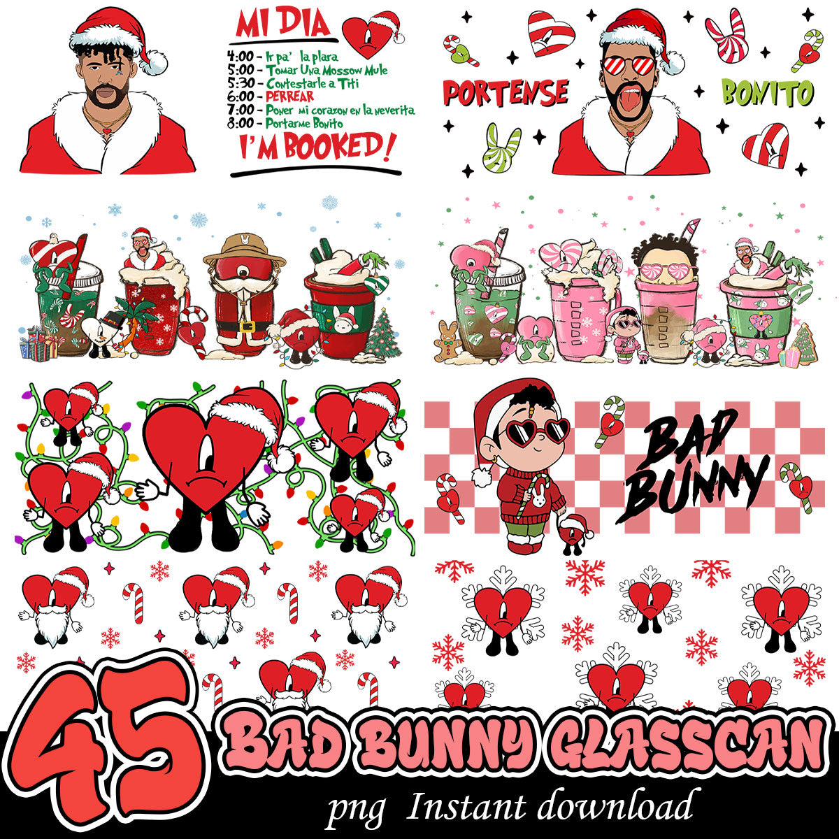 Bad Bunny Christmas glass can bundle, Bad Bunny Glass can png