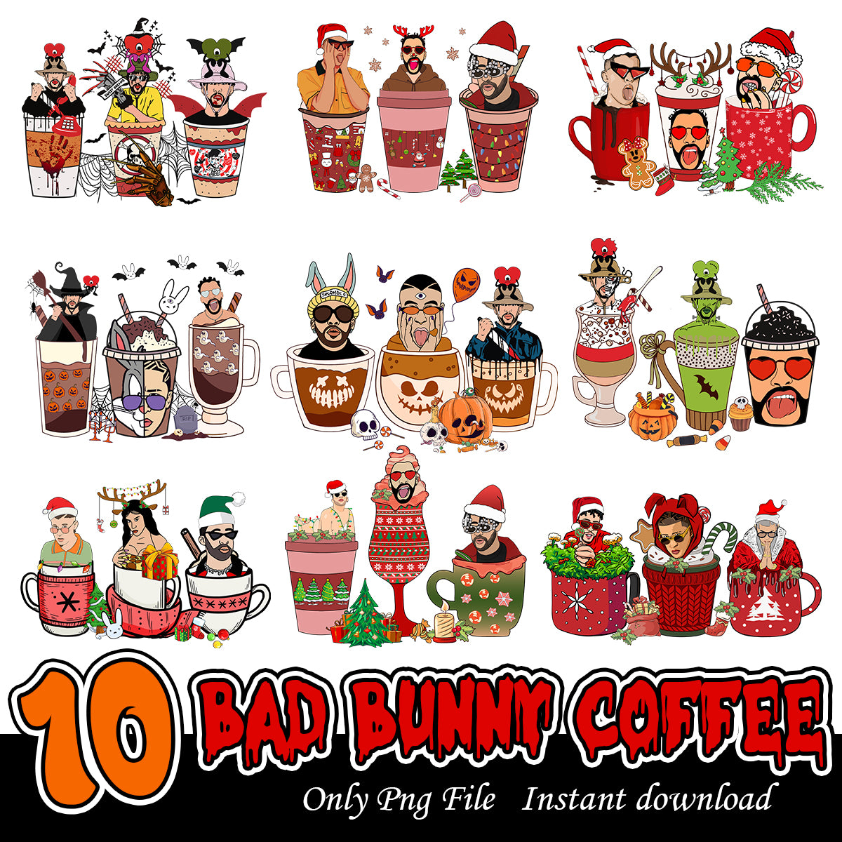 Bad bunny coffee PNG bundle, Bad bunny coffee art bundle