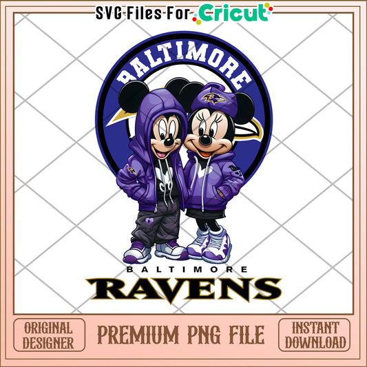 Baltimore Ravens Mickey and Minnie Mouse PNG file, premium design instant download