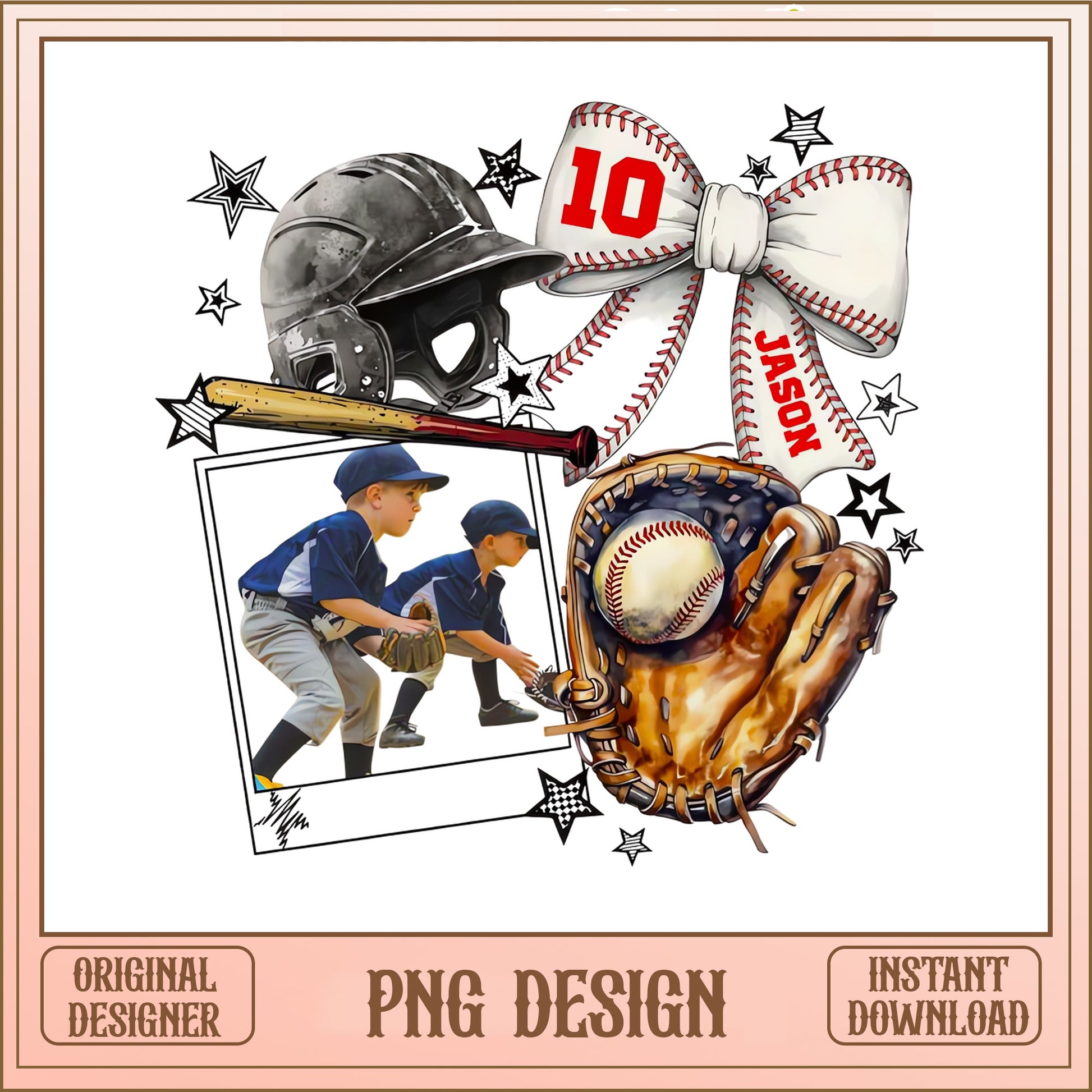 Baseball Boy Photo Frame PNG, Coquette Bow Baseball PNG, Sports PNG