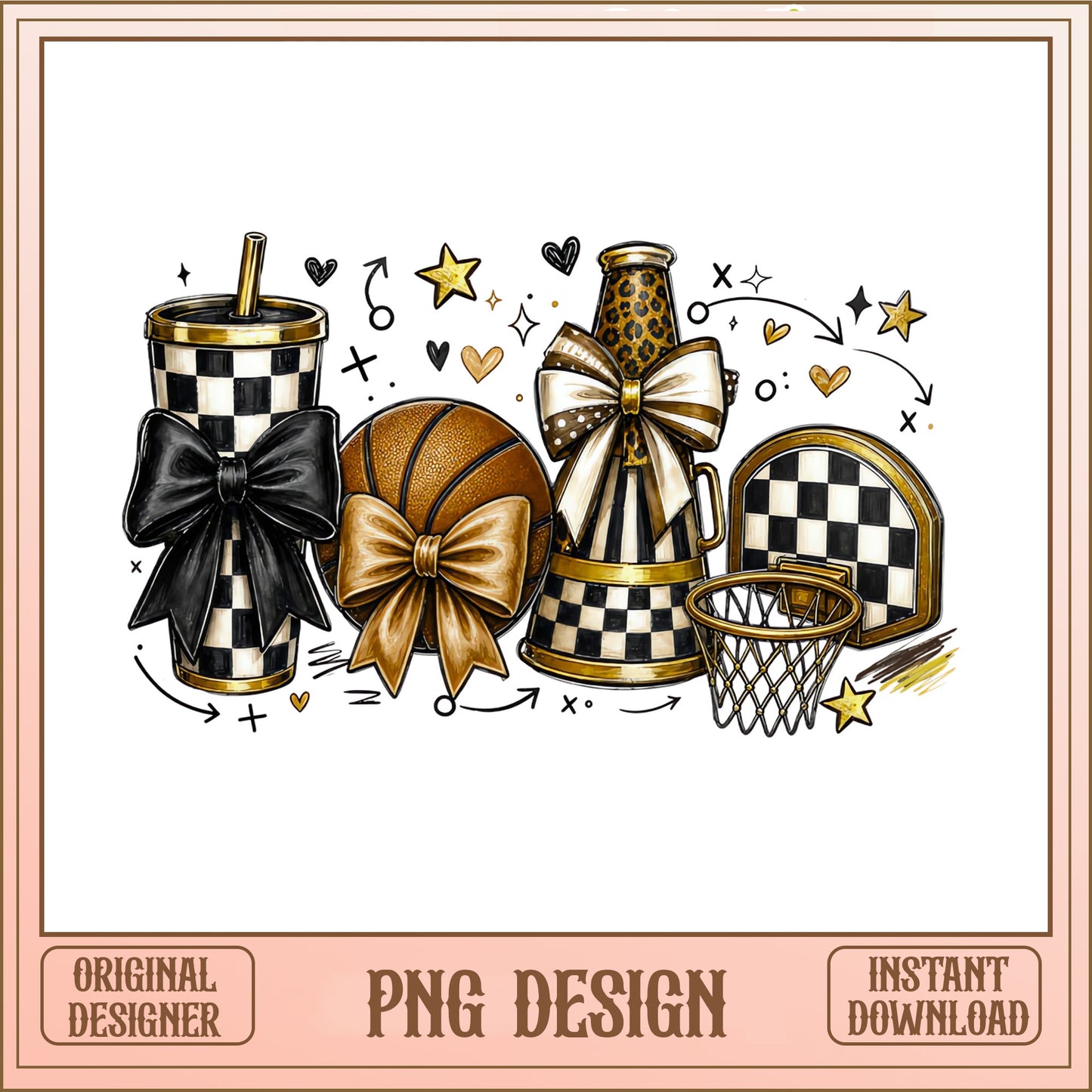 Basketball Coquette Bow Checkered PNG, Sports Tumbler PNG, Game Day PNG