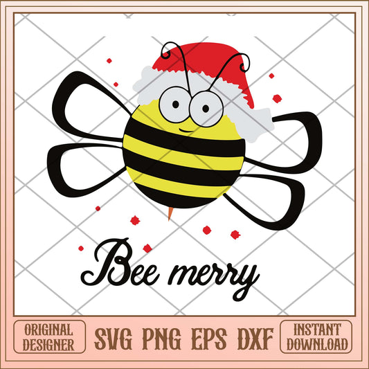 Bee merry svg, Merry Christmas funny cute bee svg, Bee Santa hat svg