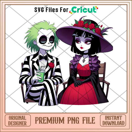 Beetlejuice and Lydia chibi couple png, couple png, halloween png