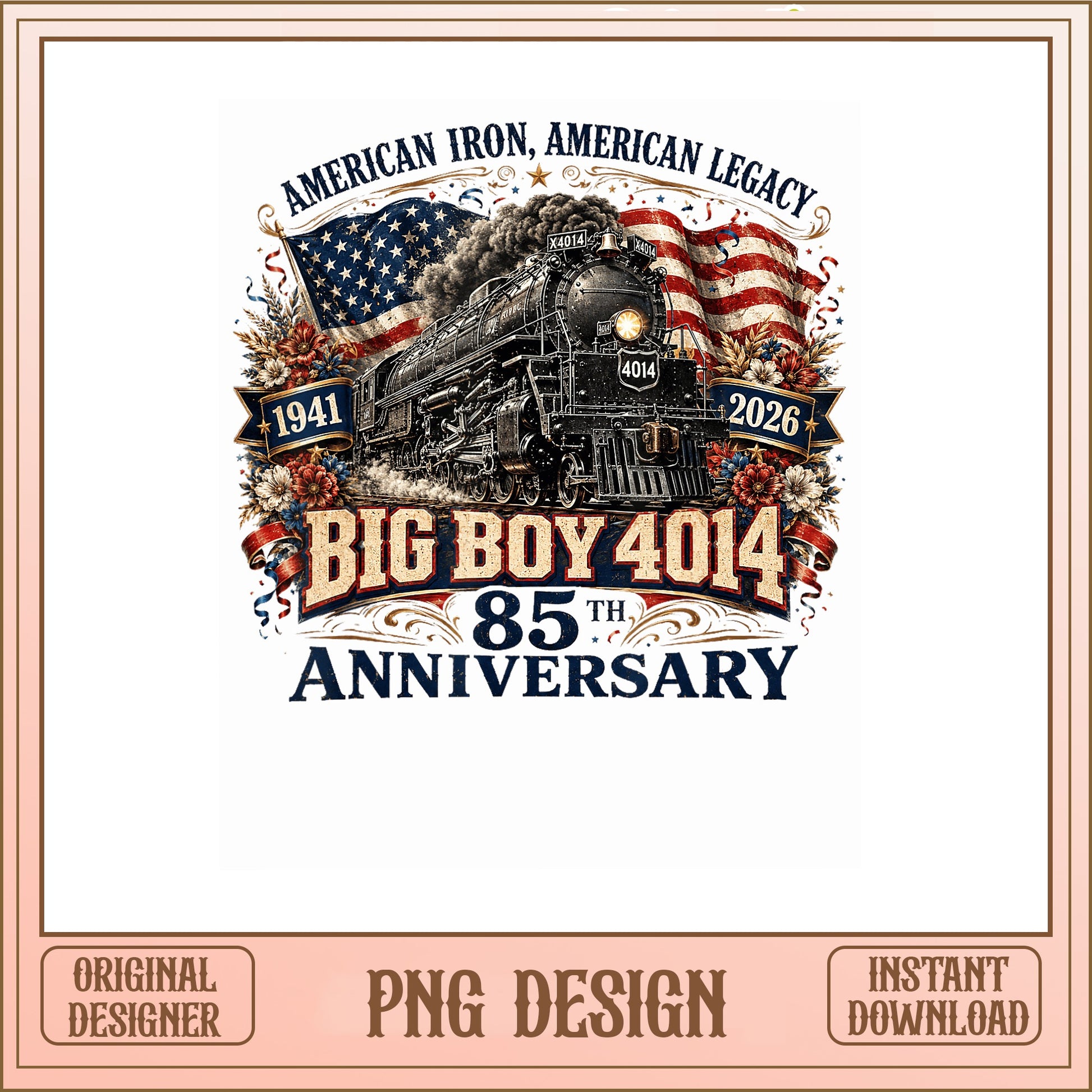 Big Boy 4014 85th Anniversary PNG, Steam Train PNG, American Flag PNG