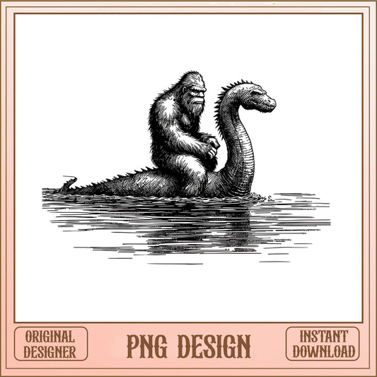 Bigfoot Riding Loch Ness Monster PNG, Sasquatch PNG, Cryptid PNG