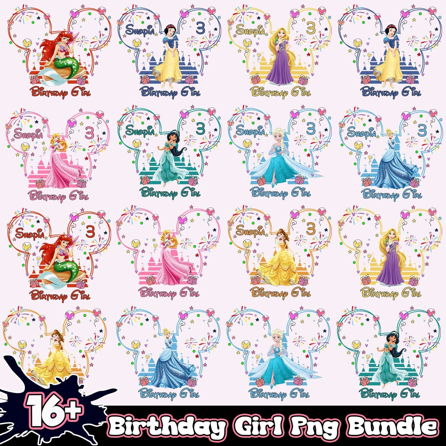 Disney Birthday Girl Png Bundle, Disney princess birthday png bundle