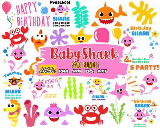 Happy birthday shark bundle svg, baby shark​ svg, baby shark cartoon​ svg