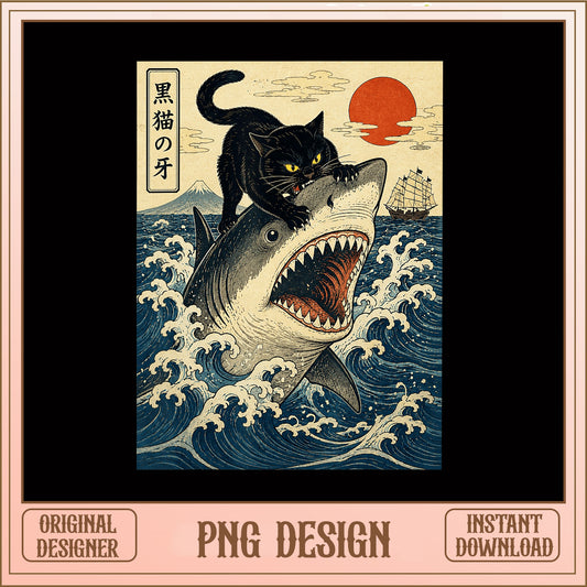 Black Cat Riding Shark PNG, Japanese Wave Art, Ukiyo-e PNG