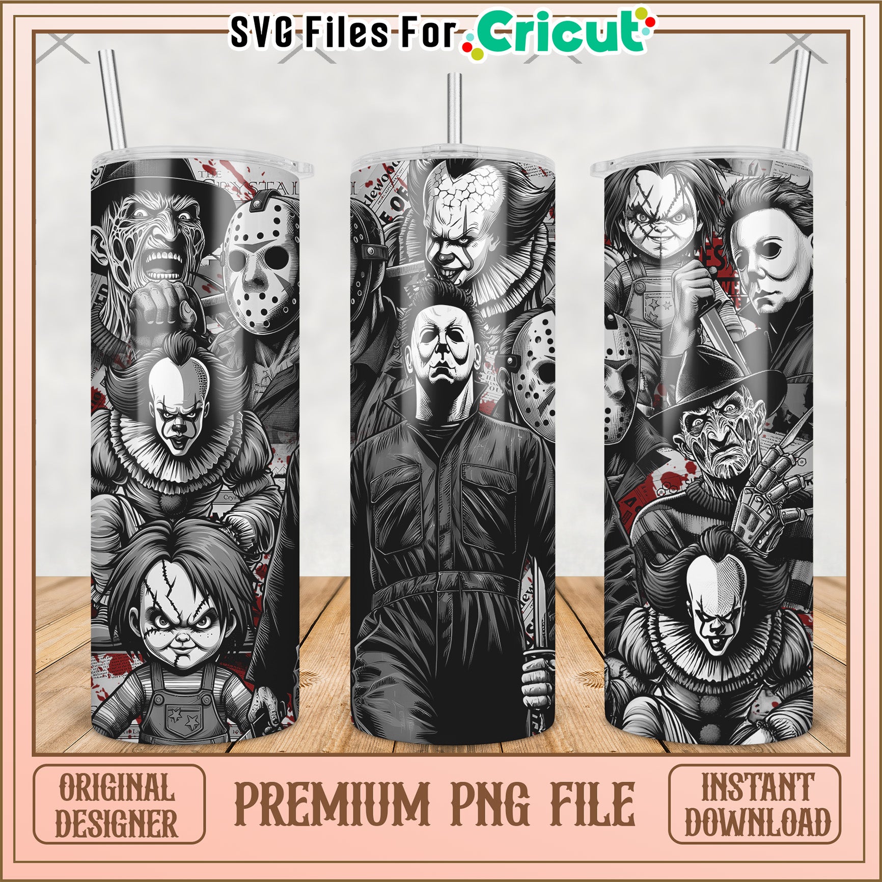Black and white design tumbler png, horror movie png, halloween tumbler png