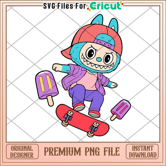 Blue labubu red hat skating png, labubu cartoon png, labubu characters​​ png