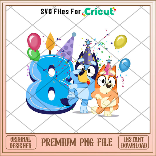 Bluey Happy 8th Birthday boy png, Bluey characters png, Digital Download