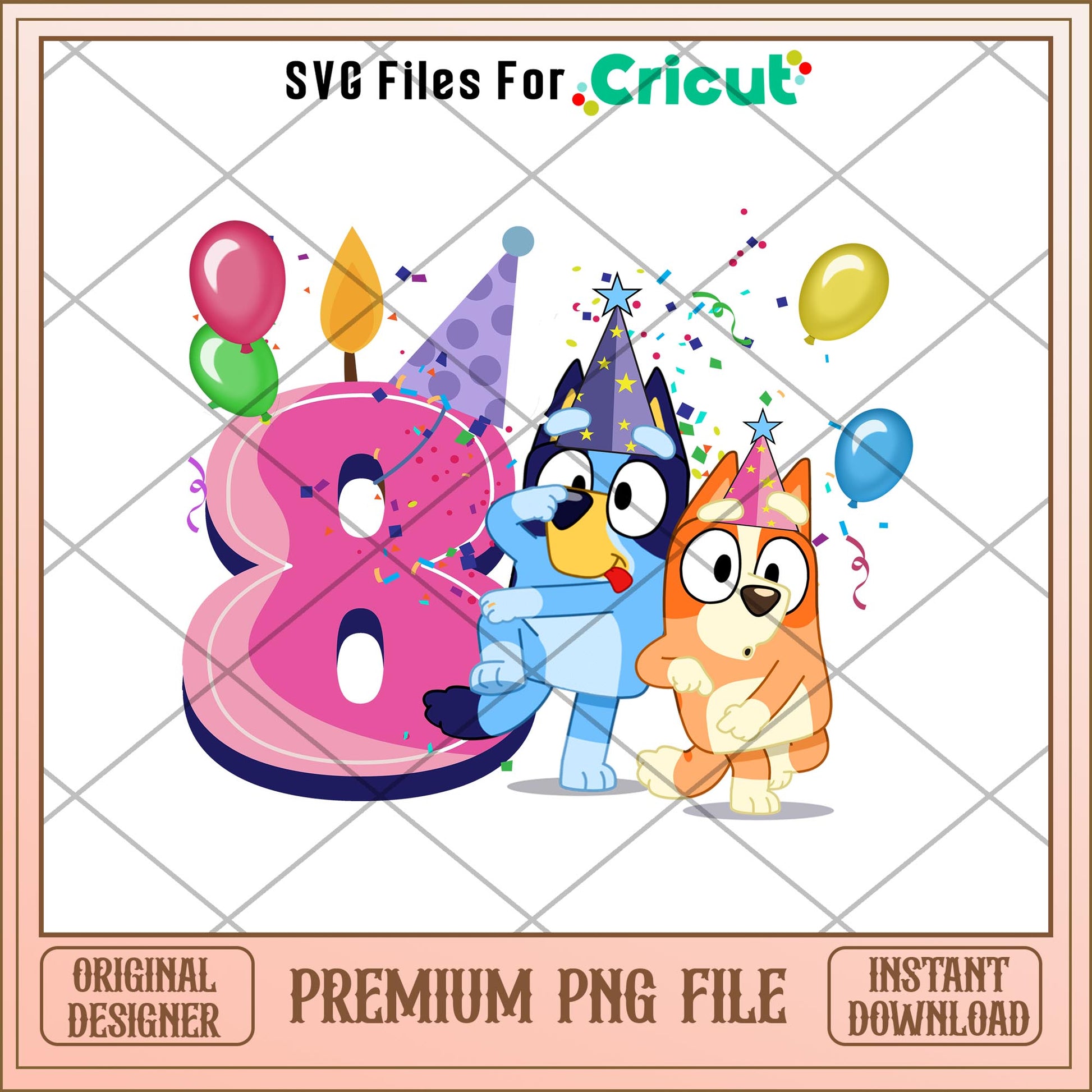 Bluey Happy 8th Birthday girl png, Bluey characters png, Digital Download