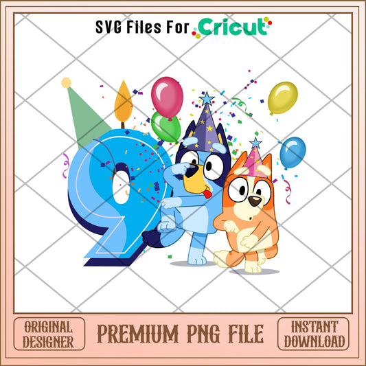 Bluey Happy 9th Birthday boy png, Bluey characters png, Digital Download