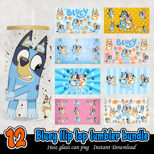 Bluey Flip Top 16oz Tumbler Wrap, Bluey glass can png bundle