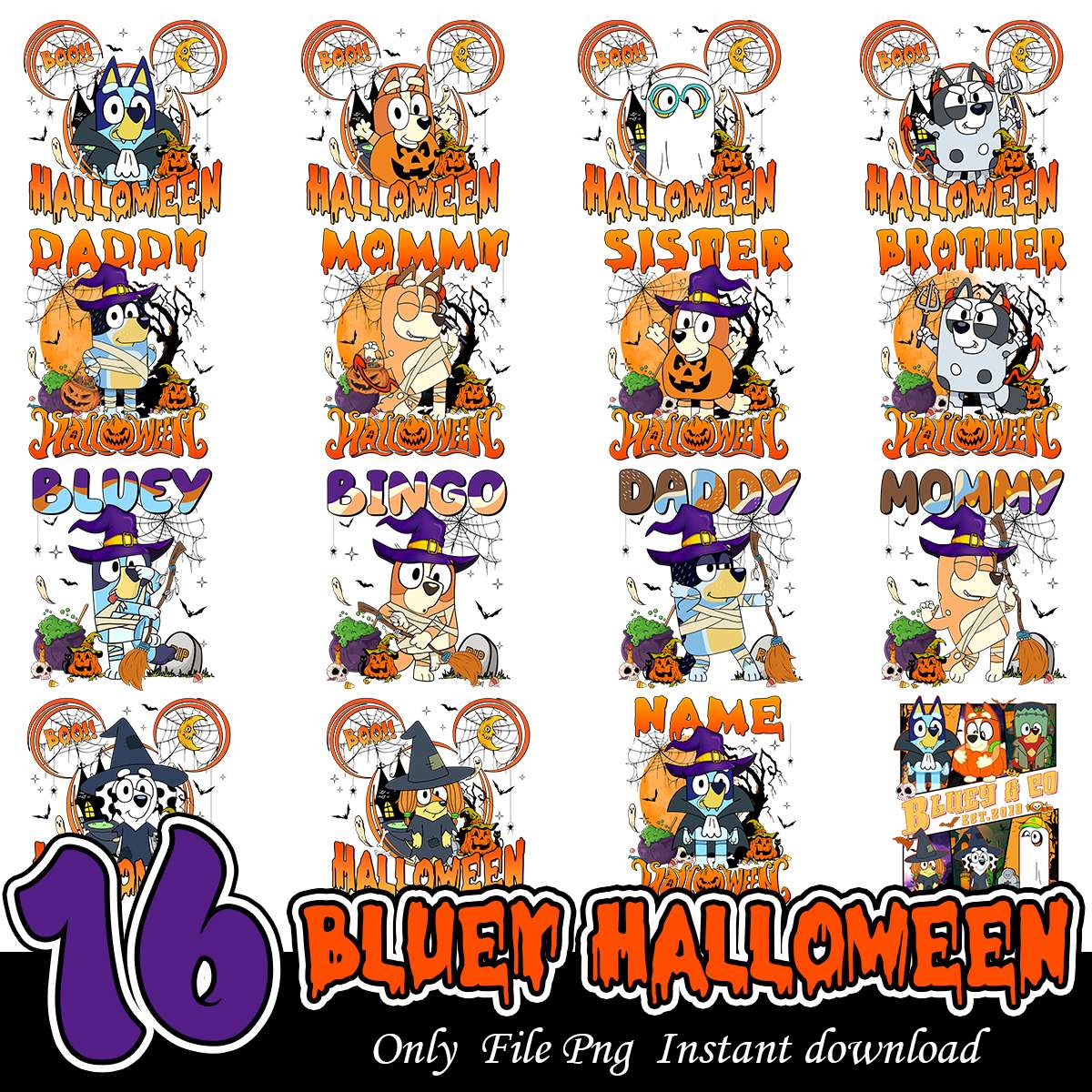 Bluey Halloween Mickey head Bundle, Bluey Horror art png bundle