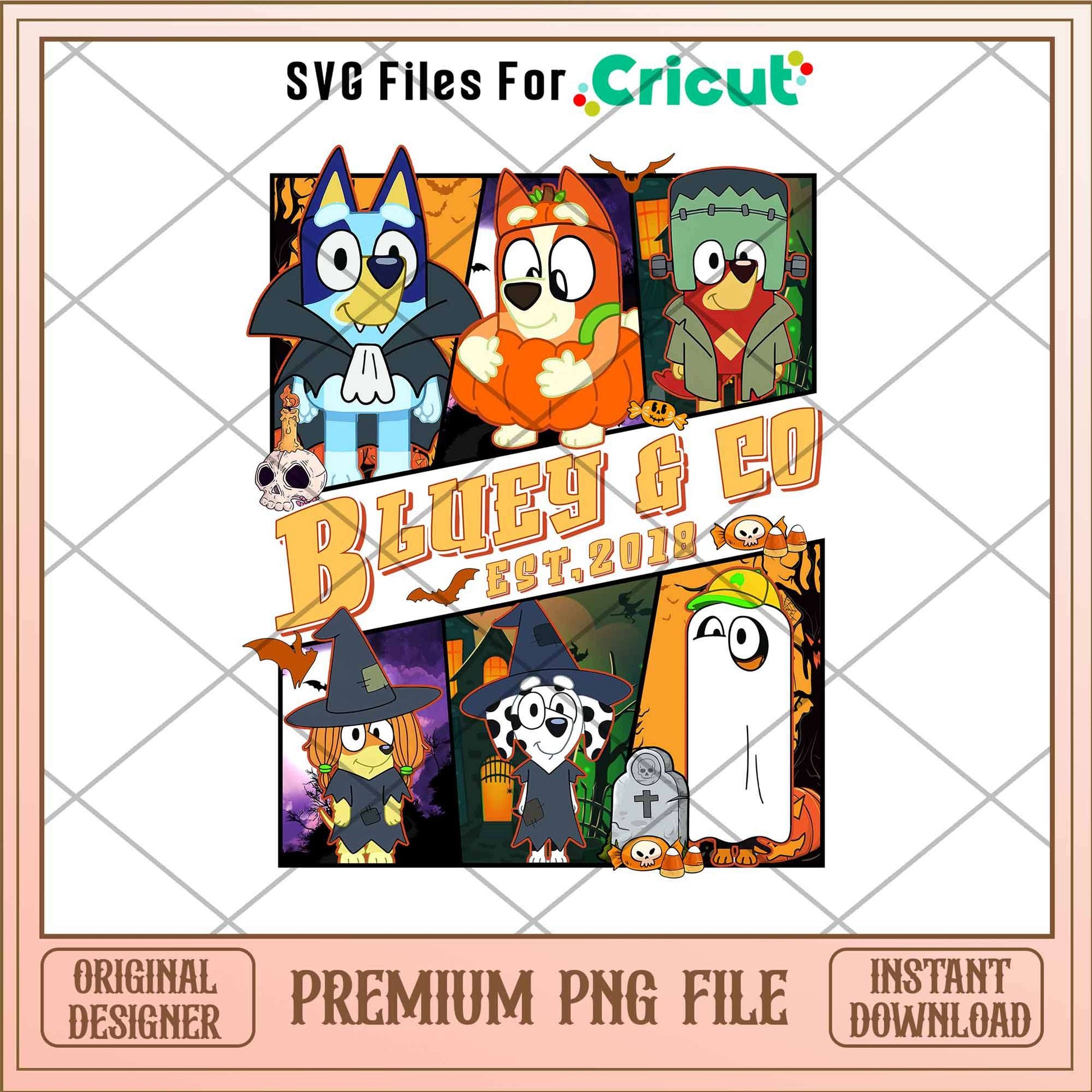 Bluey and Co Halloween  est 2018 png, Bluey characters png, Digital Download