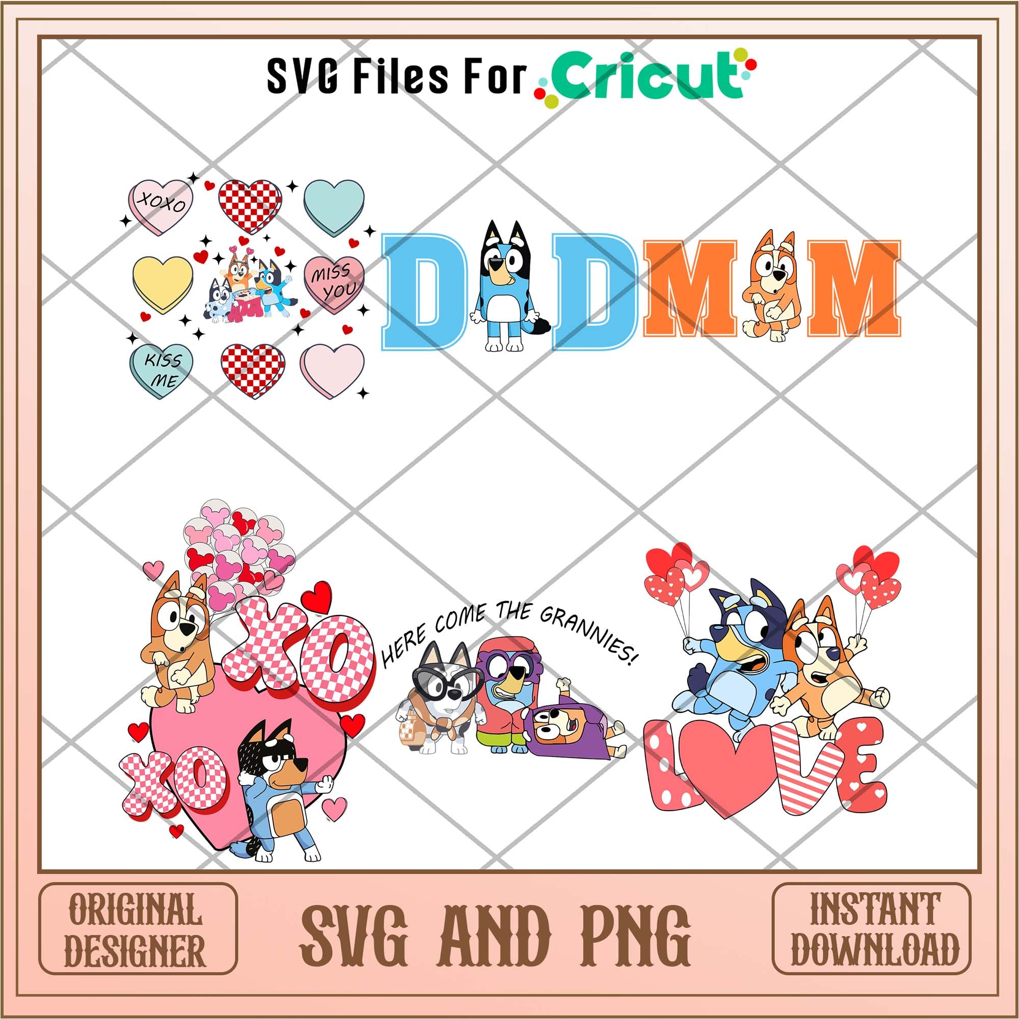 Bluey cartoon dad and mom love svg bundle – svg files for cricut