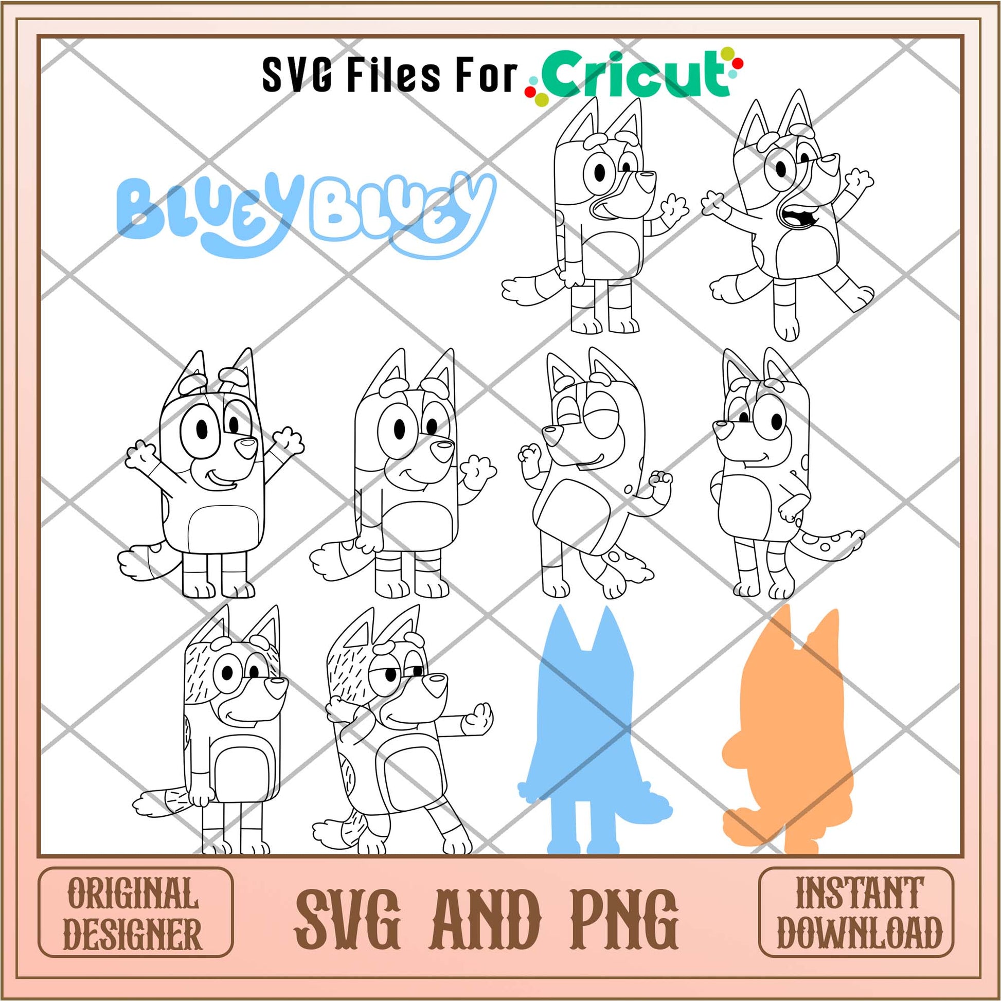 Bluey cartoon movie family black and white svg bundle