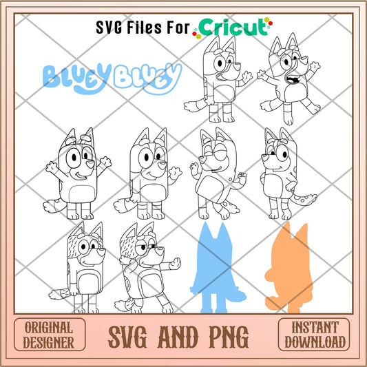 Bluey cartoon movie family black and white svg bundle