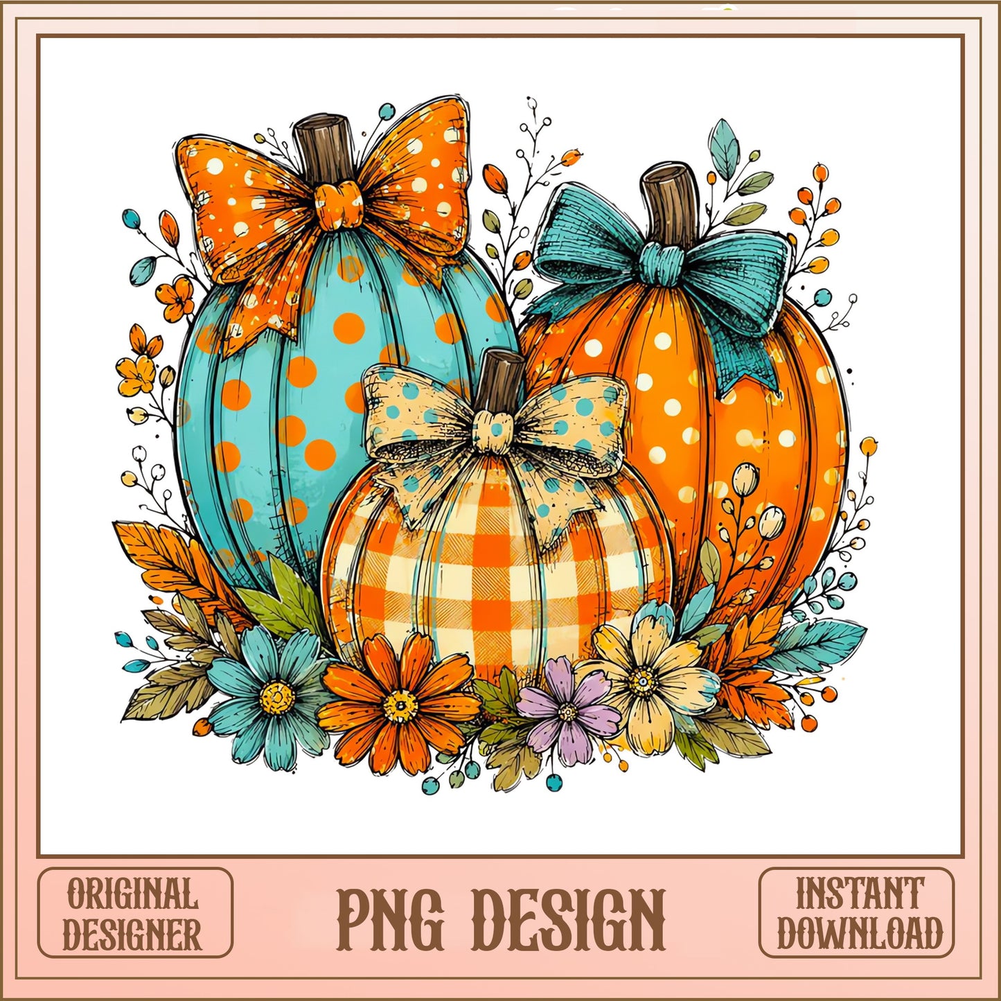 Boho Pumpkin With Bow Fall Floral PNG, Halloween PNG, Autumn PNG