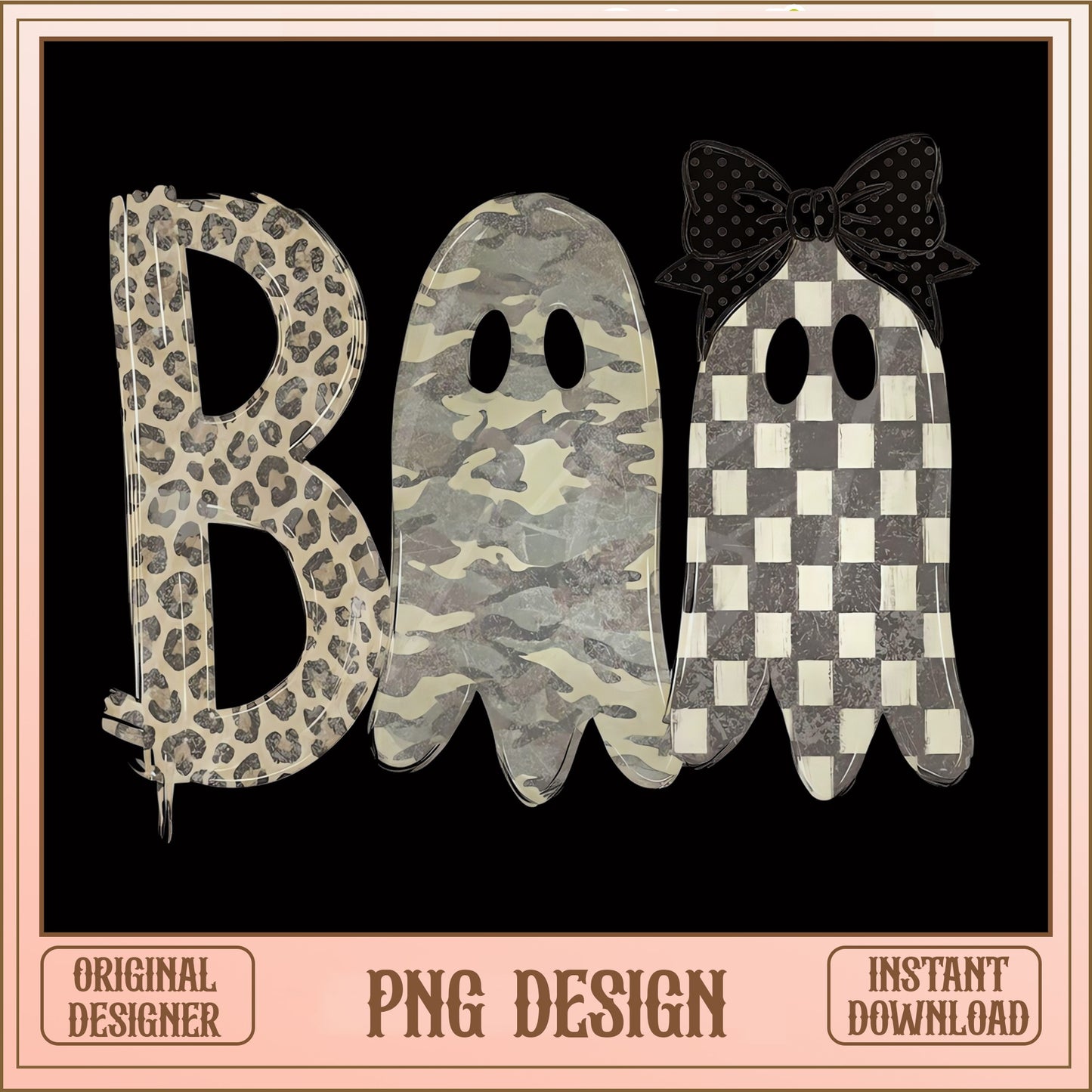 Boo Ghost Halloween PNG, Leopard Camo Checkered Ghost, Halloween PNG